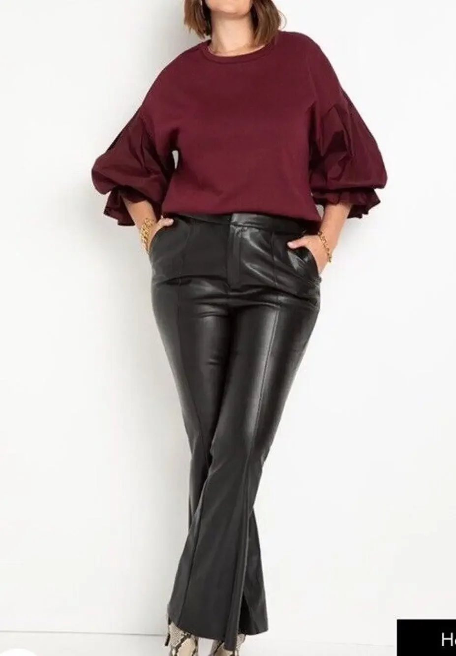 ELOQUII Plus Size Wine Crewneck Mixed Media Sleeves Sweatshirt 26/28 3x 4x